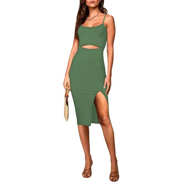Women's Spaghetti Strap Cutout Side Slit Ribbed Knee Length Bodycon Midi Dress